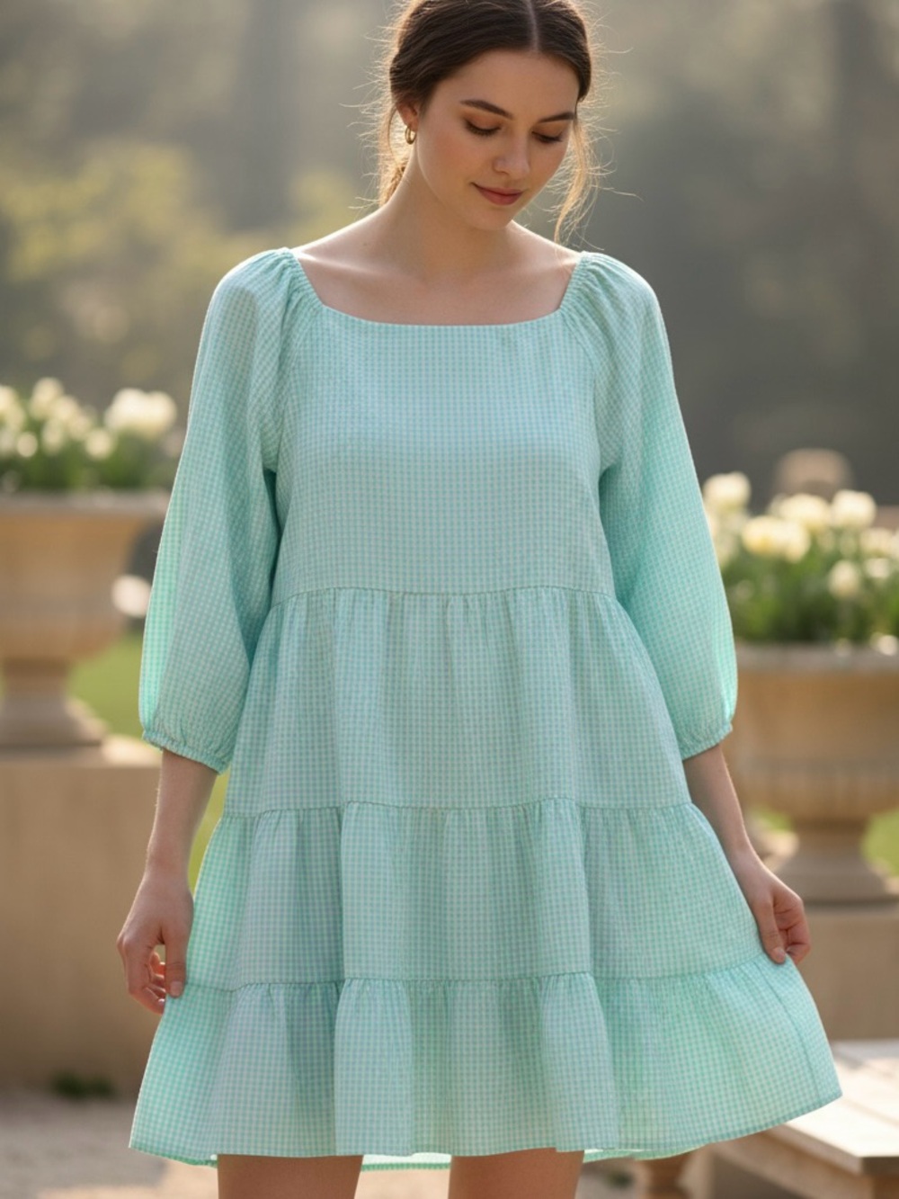 J.Crew Re-Imagined Green Gingham Tiered Mini Dress Small Oversized Scandi Girl